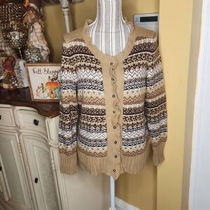 Vintage Architect brown and tan ruffle wool blend cardigan women's size M